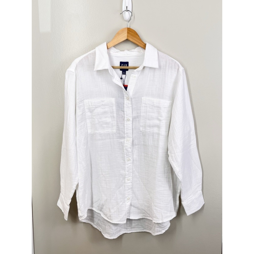 NWT Gap Button Up Shirt White Crinkle Gauze Women Button Oversized Boho Beach M